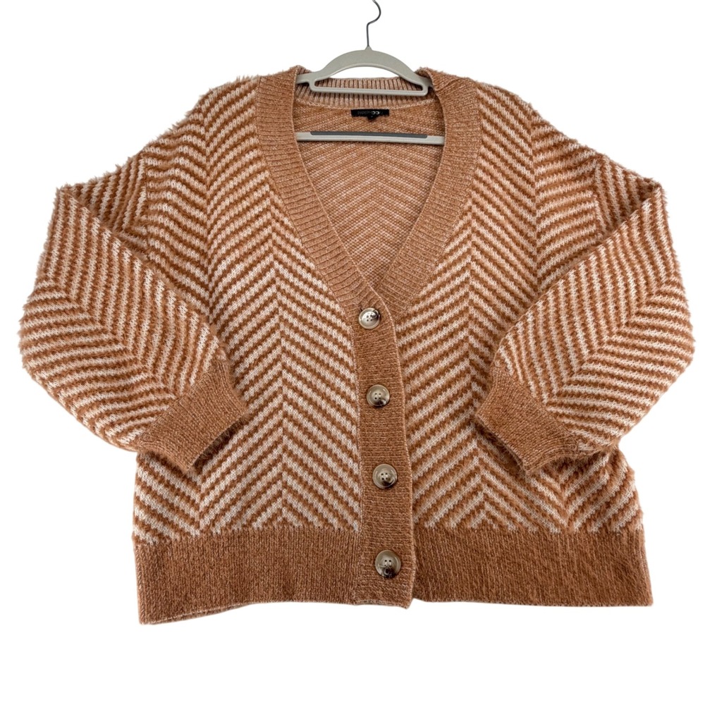 Papermoon Fuzzy Chevron Cardigan Sweater Womens Small Camel Soft Eyelash Knit